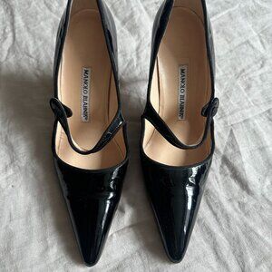 Manolo Blahnik Campari Patent Mary Jane Pumps - 36.5, Black